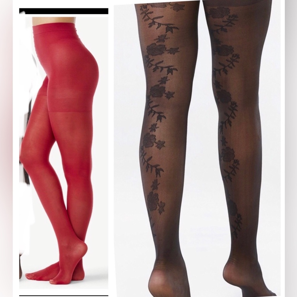 2pk Fun and feminine black‎ floral vine and red Opaque Tights size small new